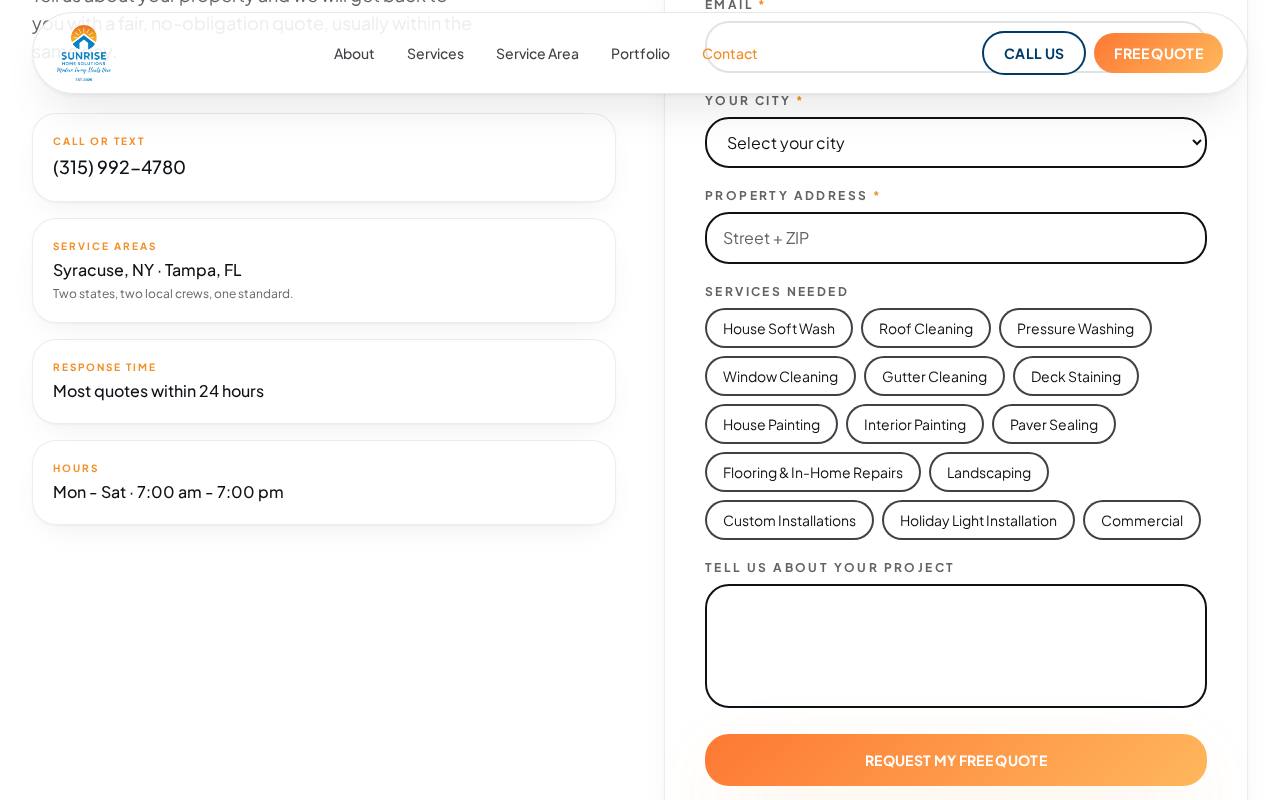 Sunrise Home Solutions quote form with city selector, property address and service choices