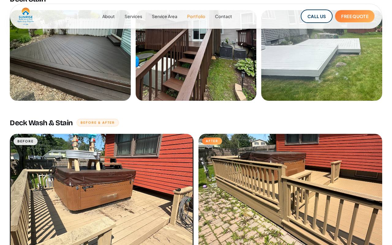 Sunrise Home Solutions portfolio page showing deck wash and stain before and after photos